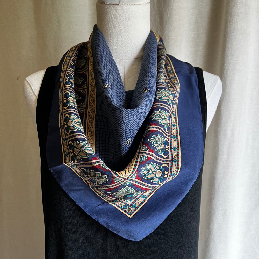 Vintage Ginnie Johansen Silk Scarf Blue Art Nouveau Border 1986
